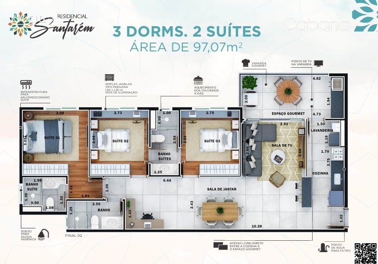 Apartamento à Venda em São José dos Campos | 97,07 m², 3 Dormitórios (1 Suíte e 2 Demi-Suítes), Varanda Gourmet e 2 Vagas