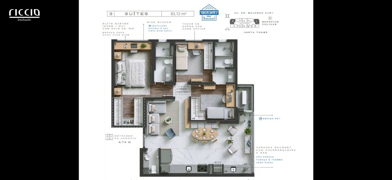 Apartamento à venda no Jd Colinas Edifício Kington Towers (NORTH) - 83,12 m² 3 Dormitórios (3 suíte) 2 Vagas